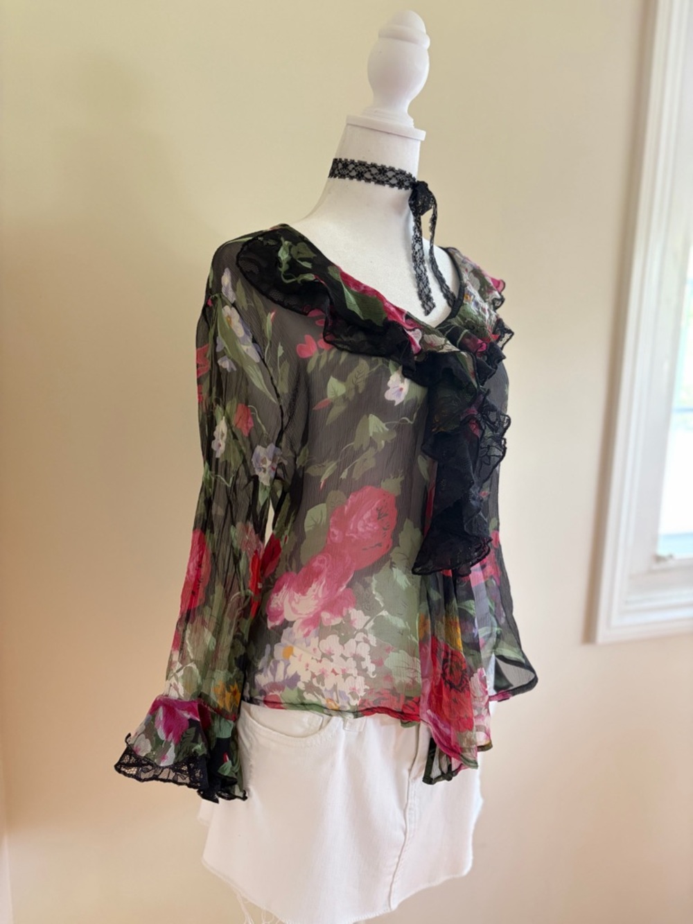 Vintage Y2K silk floral ruffle sheer black lace blouse fairy coquette whimsy M-L - Picture 7 of 12